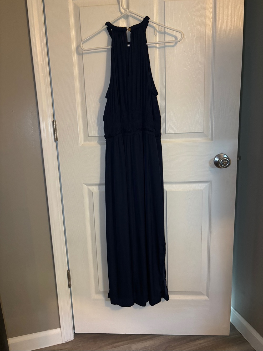 Tahari Navy Pleated Sleeveless Maxi Dress